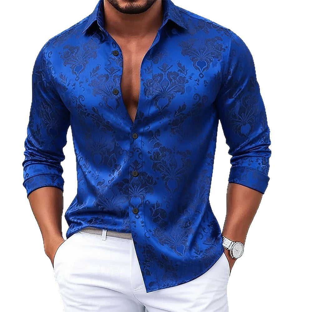 Ditsy Floral Vintage Style Men's Shirt With Long Sleeve And Jacquard Polyester Fabric Featuring Lapel Collar