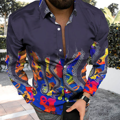 Casual Men's Long Sleeve Shirt Featuring 3D Print Design In Polyester With Lapel Collar