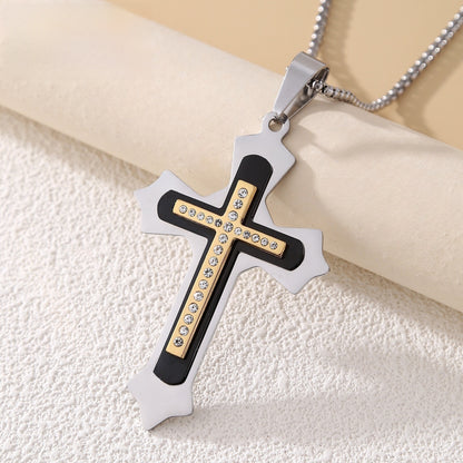 Gold Cross Necklace With Titanium Steel Pendant And Rhinestone Inlay, Unisex Design Featuring A Durable 304 Stainless Steel Box Chain