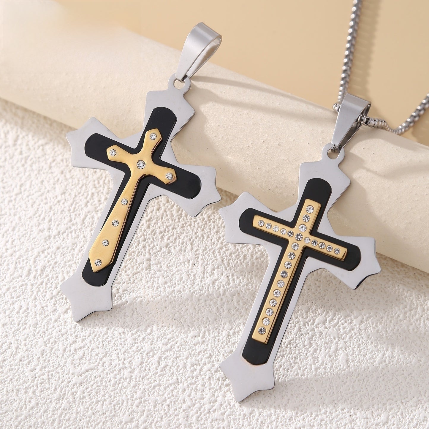 Gold Cross Necklace With Titanium Steel Pendant And Rhinestone Inlay, Unisex Design Featuring A Durable 304 Stainless Steel Box Chain