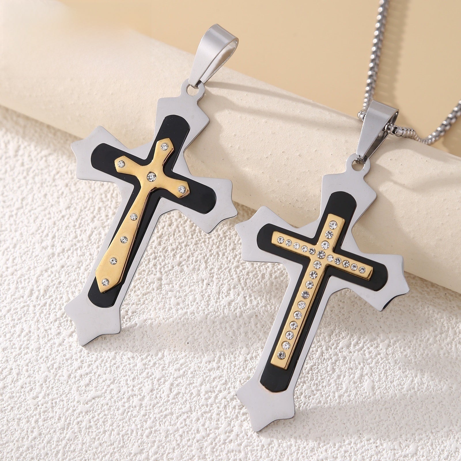 Gold Cross Necklace With Titanium Steel Pendant And Rhinestone Inlay, Unisex Design Featuring A Durable 304 Stainless Steel Box Chain