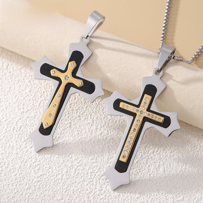 Gold Cross Necklace With Titanium Steel Pendant And Rhinestone Inlay, Unisex Design Featuring A Durable 304 Stainless Steel Box Chain
