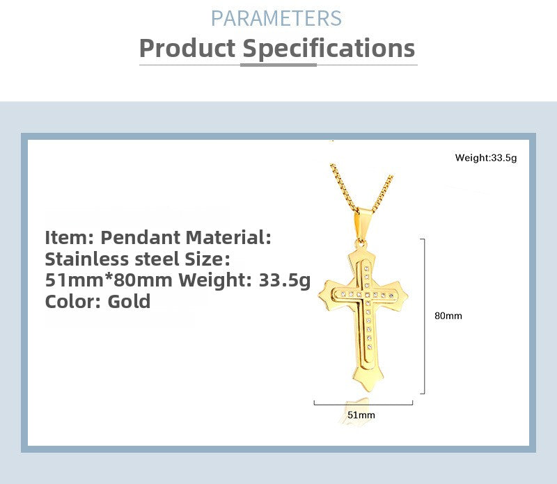 Gold Cross Necklace With Titanium Steel Pendant And Rhinestone Inlay, Unisex Design Featuring A Durable 304 Stainless Steel Box Chain