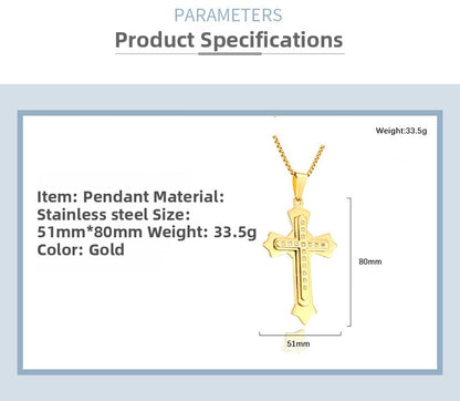 Gold Cross Necklace With Titanium Steel Pendant And Rhinestone Inlay, Unisex Design Featuring A Durable 304 Stainless Steel Box Chain