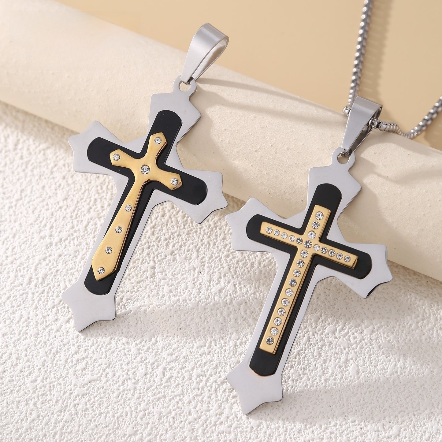 Gold Cross Necklace With Titanium Steel Pendant And Rhinestone Inlay, Unisex Design Featuring A Durable 304 Stainless Steel Box Chain