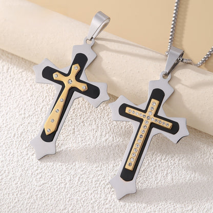 Gold Cross Necklace With Titanium Steel Pendant And Rhinestone Inlay, Unisex Design Featuring A Durable 304 Stainless Steel Box Chain