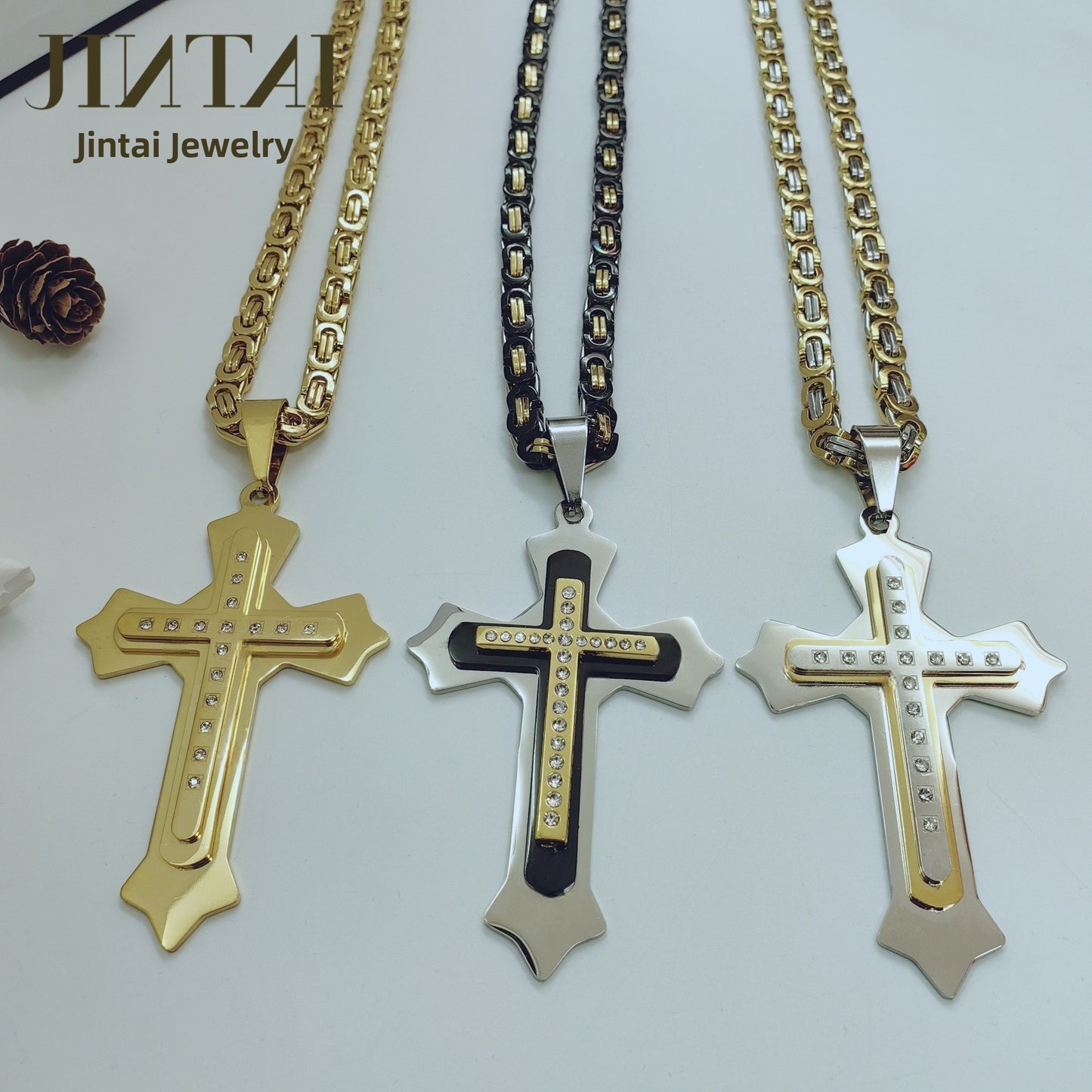 Gold Cross Necklace With Titanium Steel Pendant And Rhinestone Inlay, Unisex Design Featuring A Durable 304 Stainless Steel Box Chain