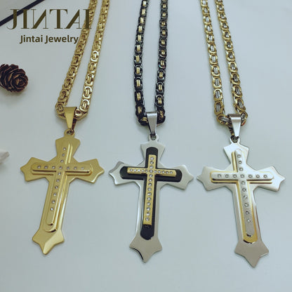 Gold Cross Necklace With Titanium Steel Pendant And Rhinestone Inlay, Unisex Design Featuring A Durable 304 Stainless Steel Box Chain