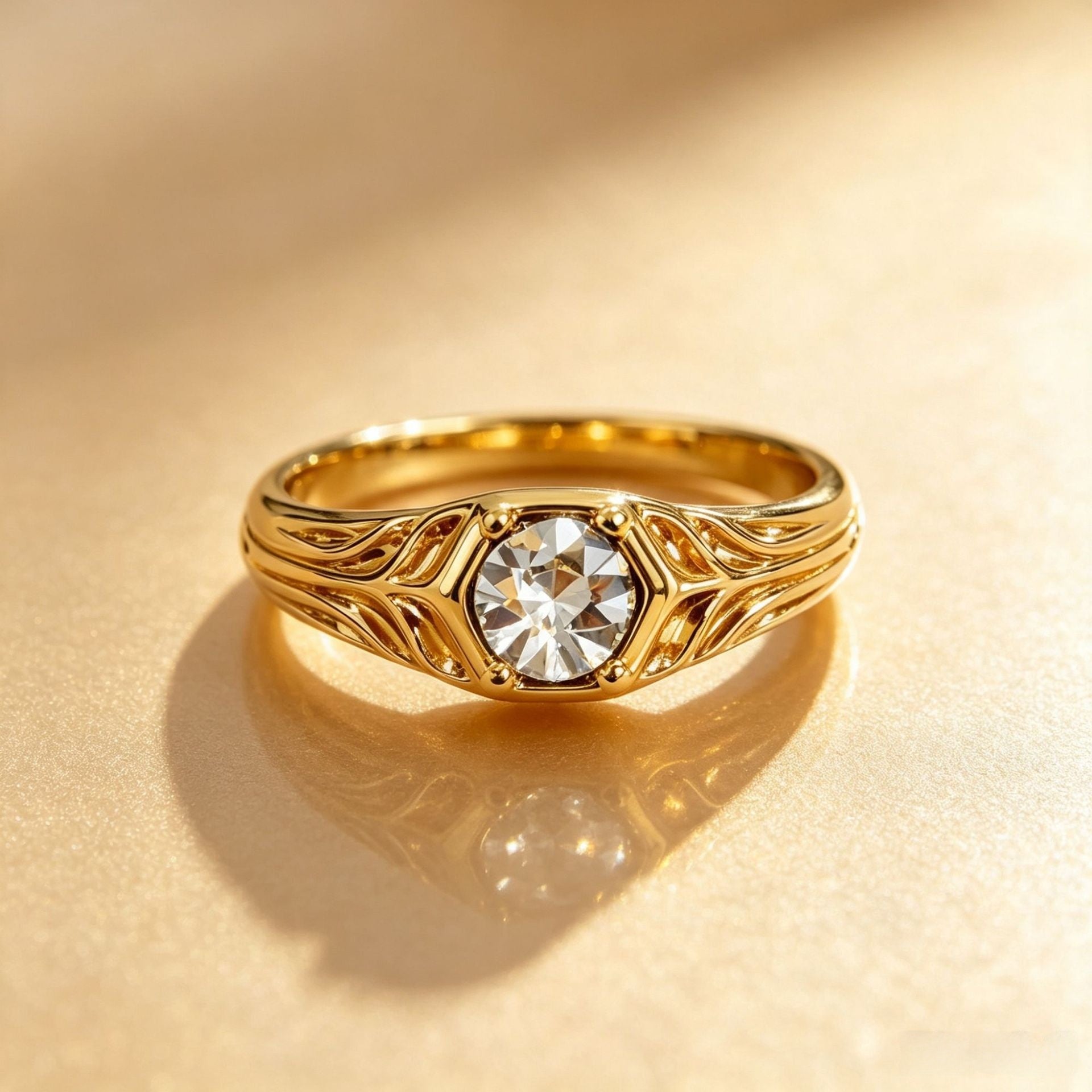 Gold Flowers Ring For Women, 18K Real Gold Plated Alloy With Rhinestones, 1 Piece
