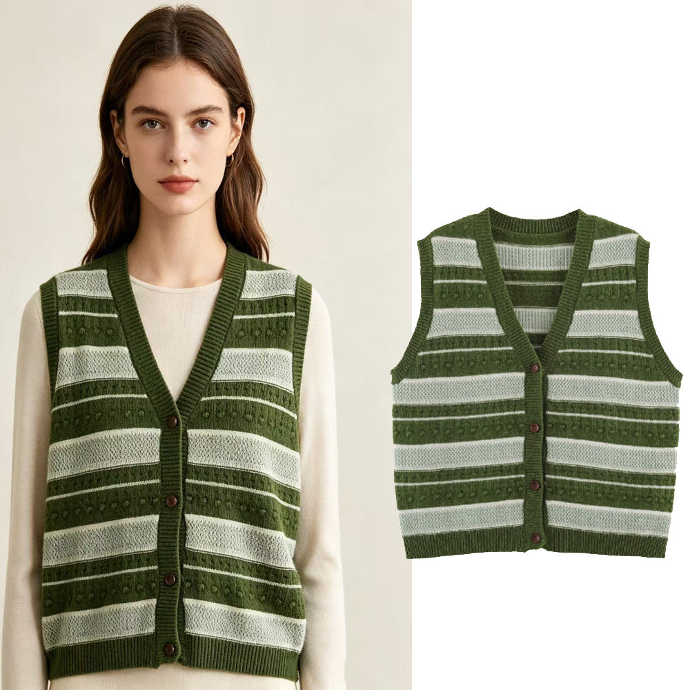 Bohemian Sleeveless Stripe Pattern Crochet Knit Top In Polyester With Placket