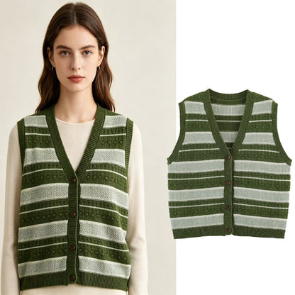 Bohemian Sleeveless Stripe Pattern Crochet Knit Top In Polyester With Placket