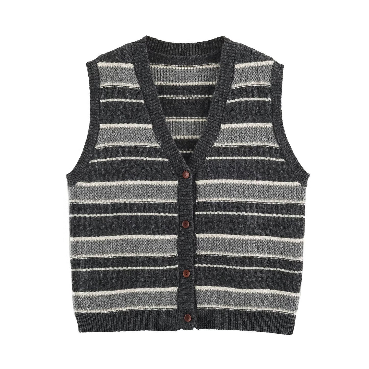 Bohemian Sleeveless Stripe Pattern Crochet Knit Top In Polyester With Placket