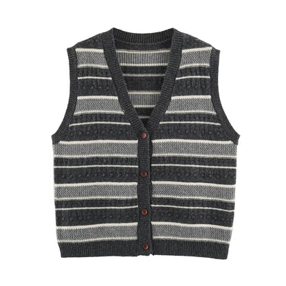 Bohemian Sleeveless Stripe Pattern Crochet Knit Top In Polyester With Placket