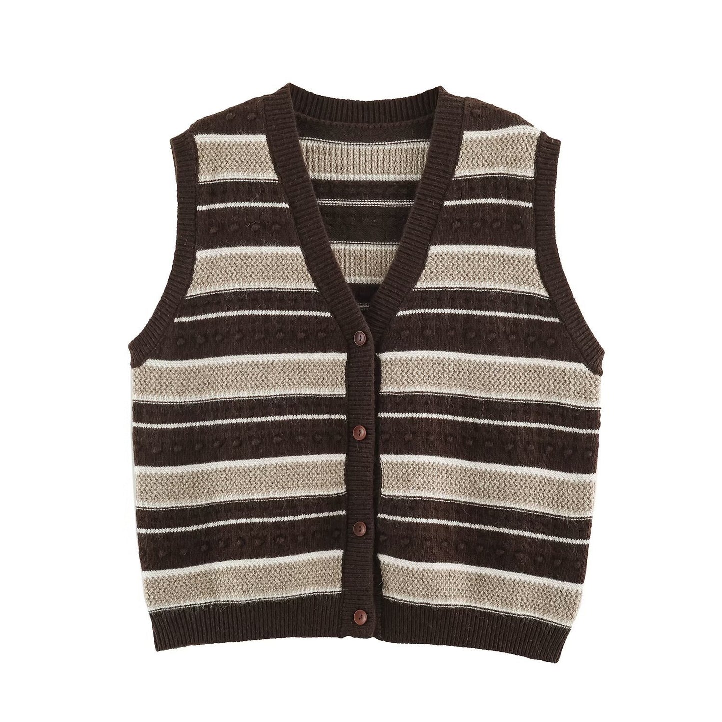 Bohemian Sleeveless Stripe Pattern Crochet Knit Top In Polyester With Placket