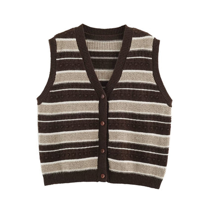 Bohemian Sleeveless Stripe Pattern Crochet Knit Top In Polyester With Placket