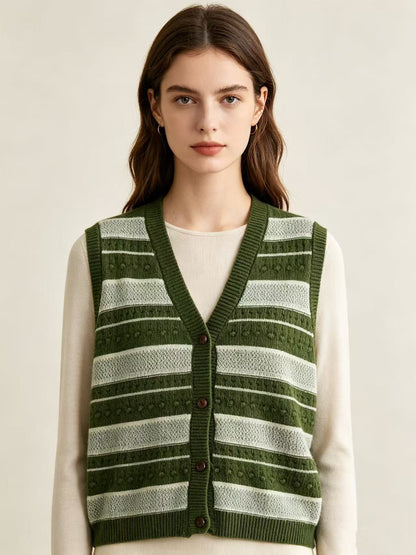 Bohemian Sleeveless Stripe Pattern Crochet Knit Top In Polyester With Placket