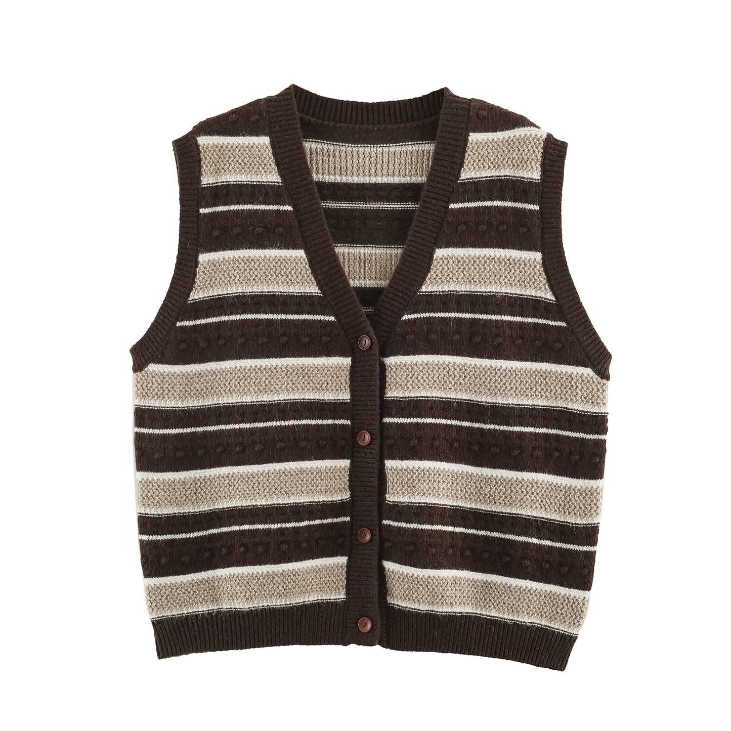 Bohemian Sleeveless Stripe Pattern Crochet Knit Top In Polyester With Placket