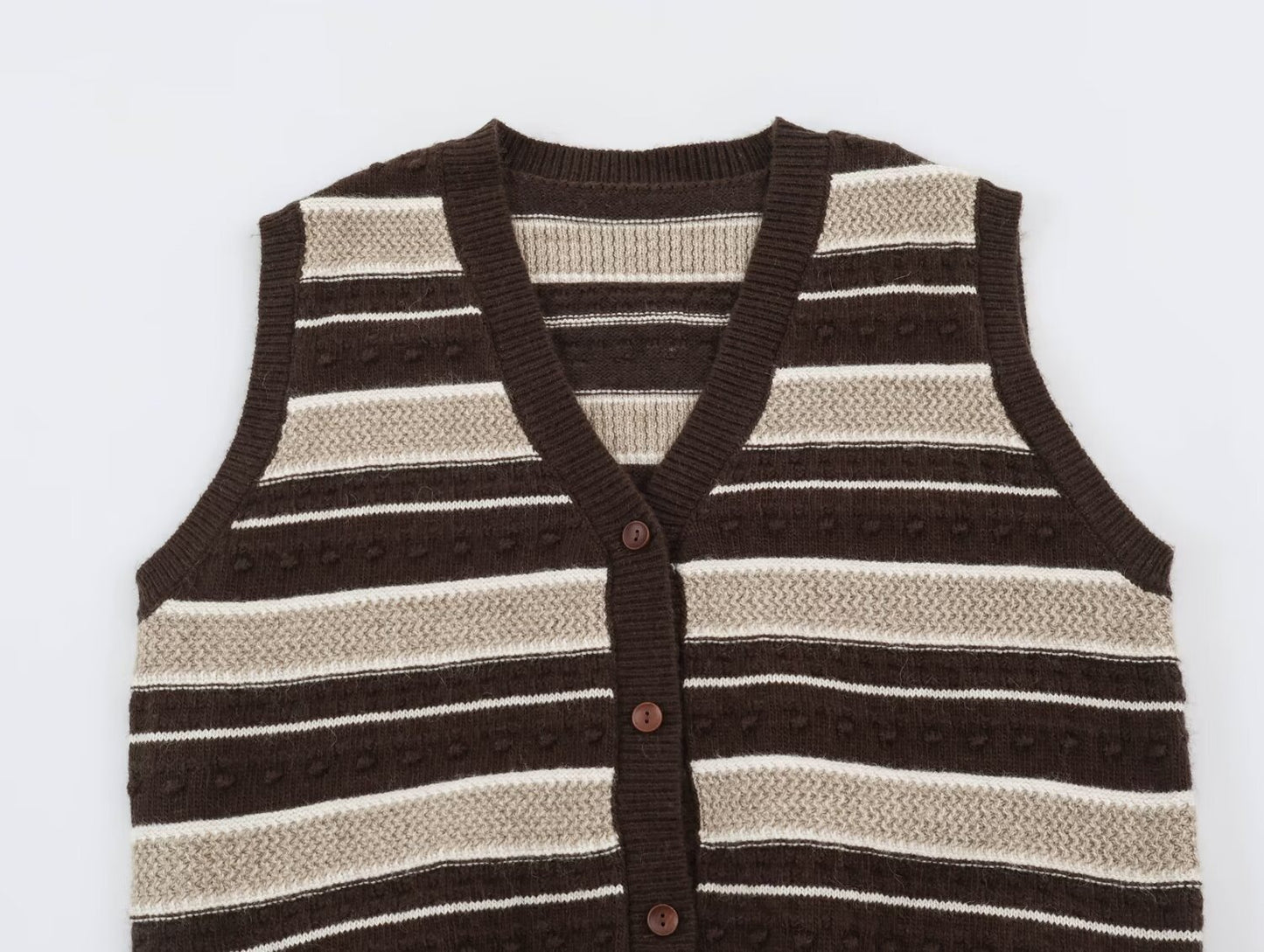 Bohemian Sleeveless Stripe Pattern Crochet Knit Top In Polyester With Placket