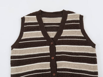 Bohemian Sleeveless Stripe Pattern Crochet Knit Top In Polyester With Placket
