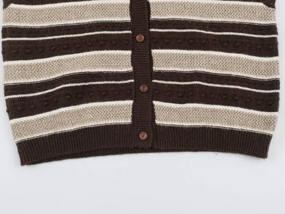 Bohemian Sleeveless Stripe Pattern Crochet Knit Top In Polyester With Placket