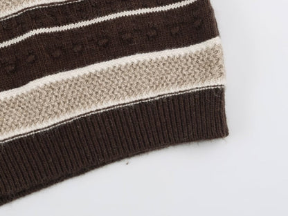 Bohemian Sleeveless Stripe Pattern Crochet Knit Top In Polyester With Placket