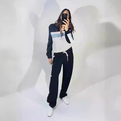 Stripe Jogging Pants 2 Pieces Set With Side Stripe Detail, Casual Streetwear Pant Co-ord Set In Elastane