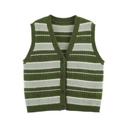 Bohemian Sleeveless Stripe Pattern Crochet Knit Top In Polyester With Placket