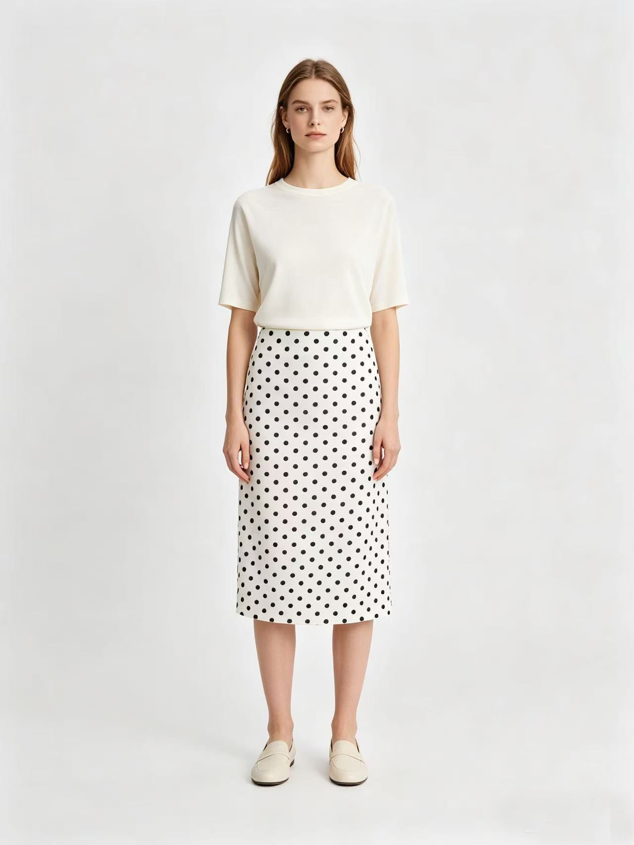 Polka Dots Streetwear Slim Straight Skirt In Polyester With Mid Waist For Spring