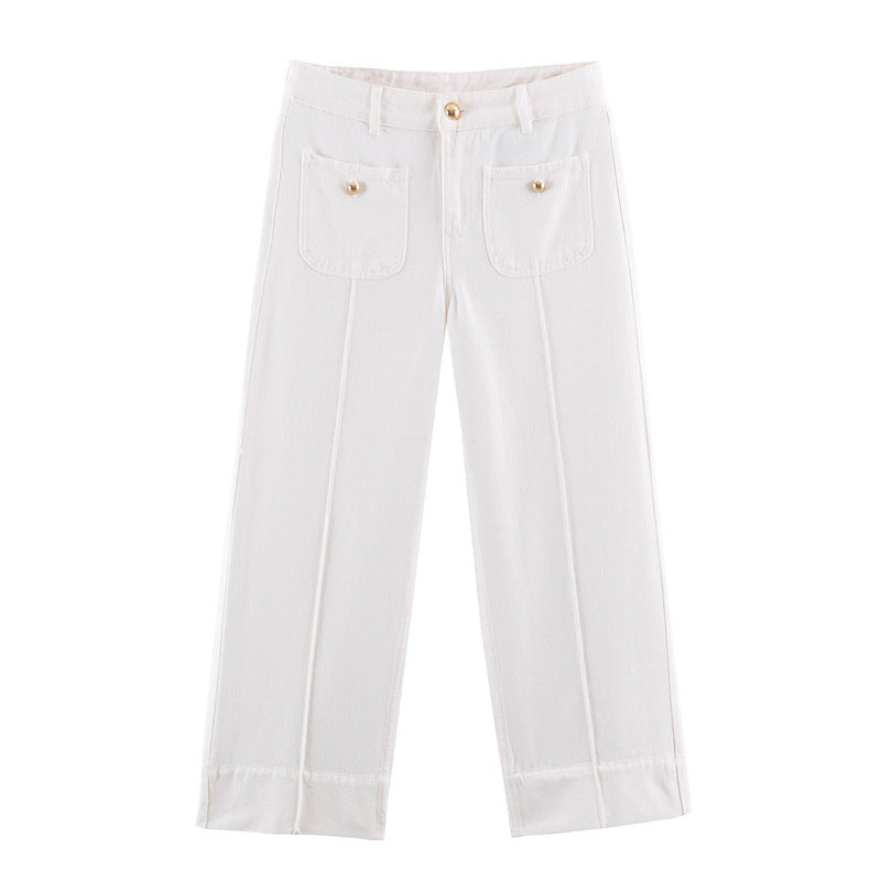 Casual Full Length Wide Leg Jeans For Women In Denim Cotton With Micro-Elastic Fabric