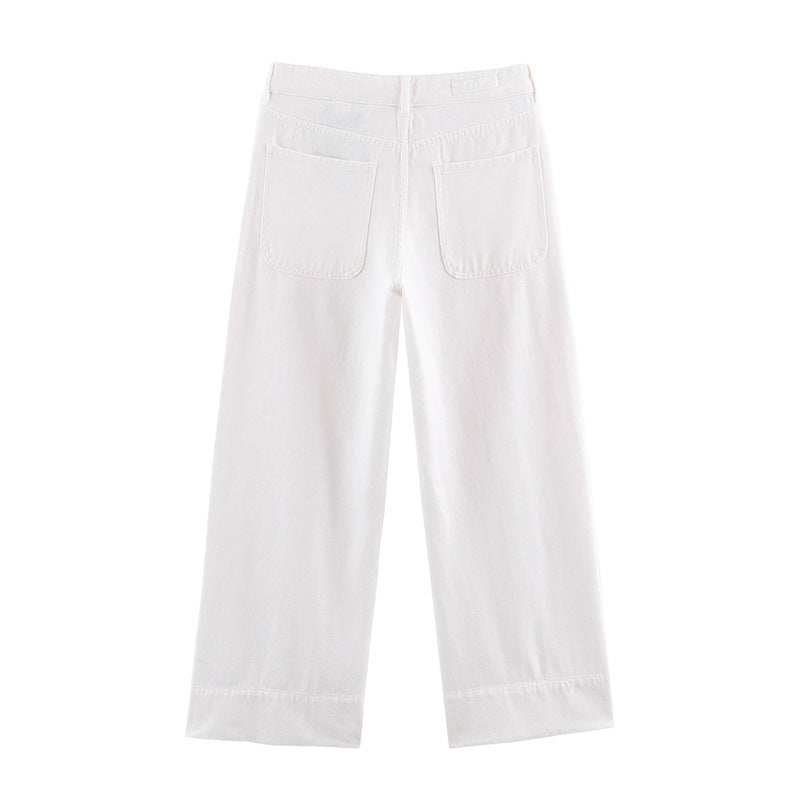 Casual Full Length Wide Leg Jeans For Women In Denim Cotton With Micro-Elastic Fabric