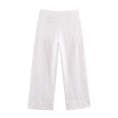 Casual Full Length Wide Leg Jeans For Women In Denim Cotton With Micro-Elastic Fabric