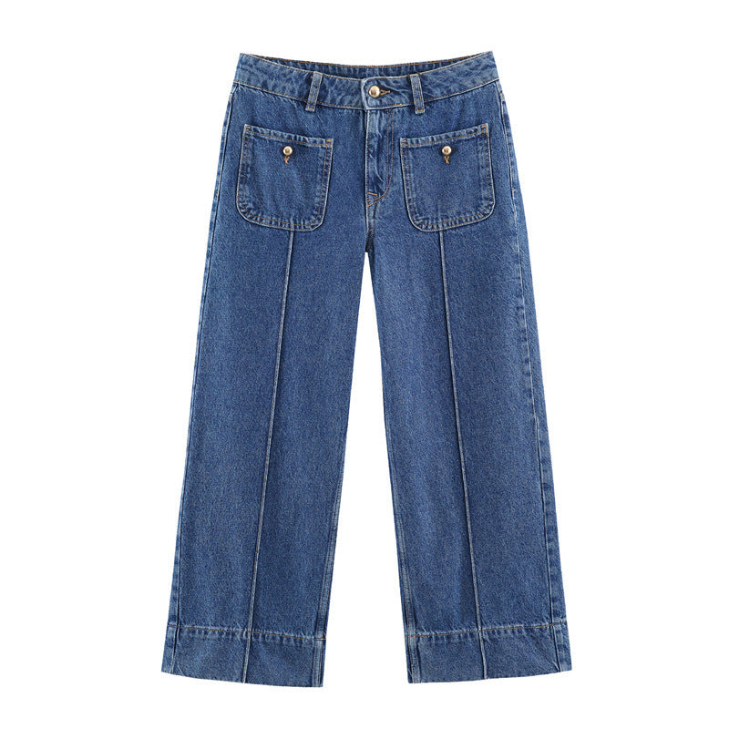 Casual Full Length Wide Leg Jeans For Women In Denim Cotton With Micro-Elastic Fabric