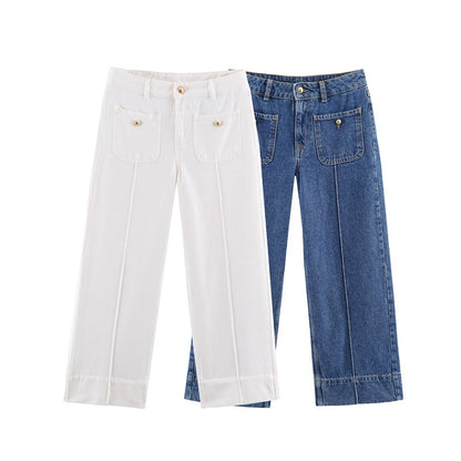 Casual Full Length Wide Leg Jeans For Women In Denim Cotton With Micro-Elastic Fabric