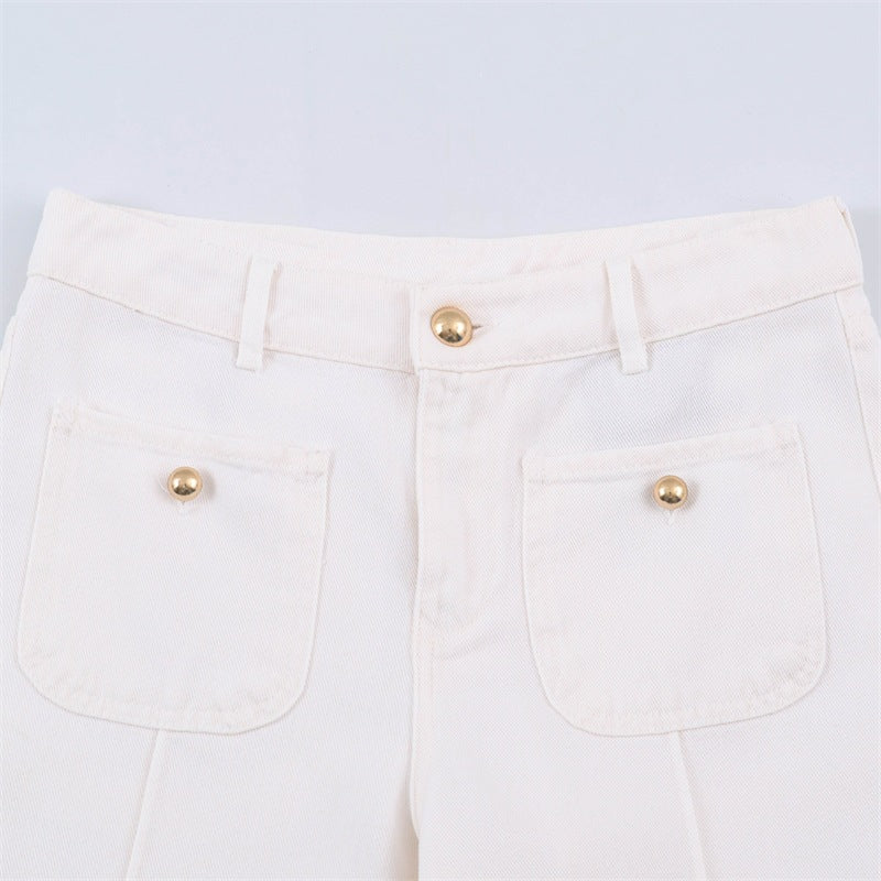 Casual Full Length Wide Leg Jeans For Women In Denim Cotton With Micro-Elastic Fabric