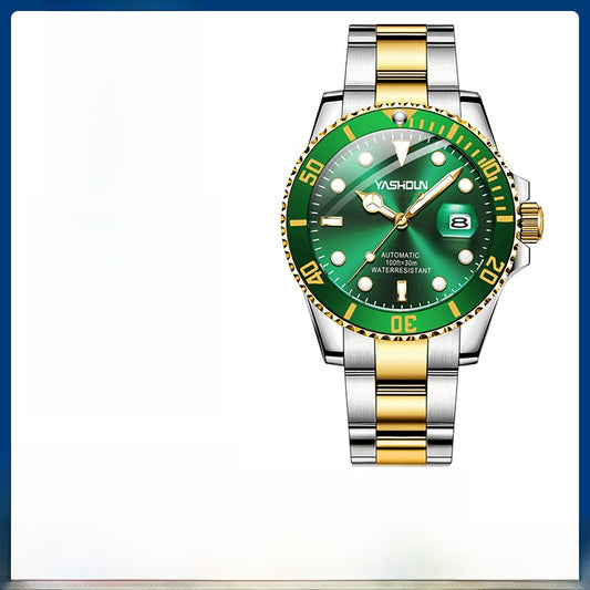 Men's Mechanical Round Dial Watch With Stainless Steel Strap And Tempered Glass Mirror Featuring Butterfly Double Snap Buckle