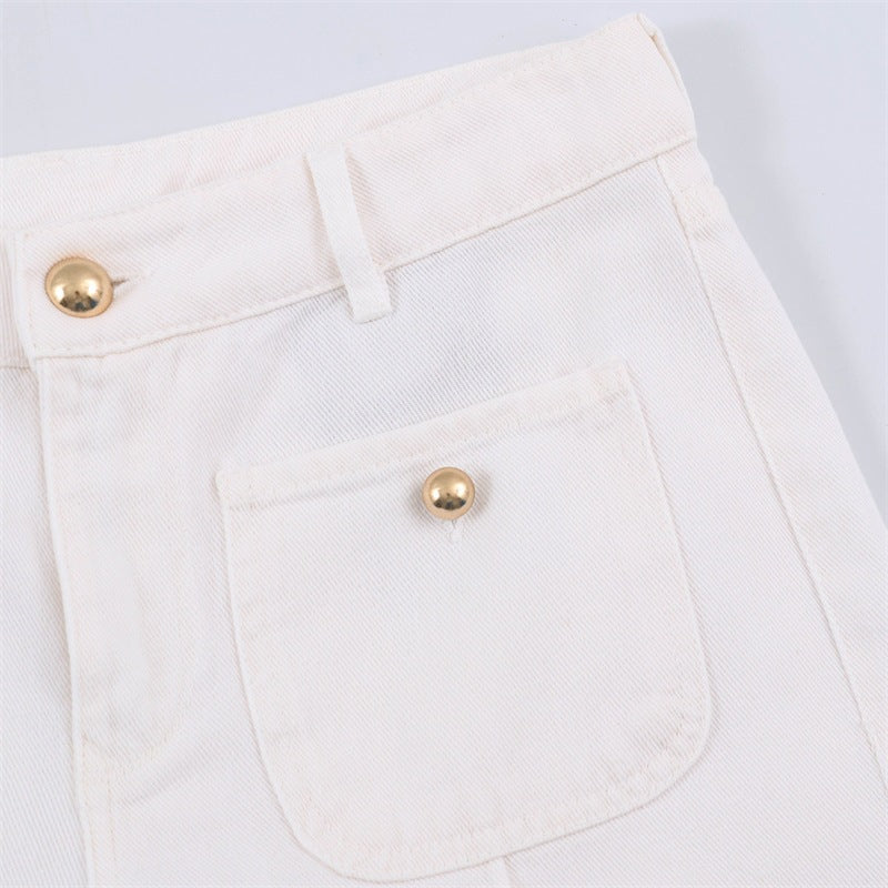 Casual Full Length Wide Leg Jeans For Women In Denim Cotton With Micro-Elastic Fabric