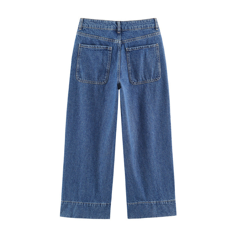 Casual Full Length Wide Leg Jeans For Women In Denim Cotton With Micro-Elastic Fabric