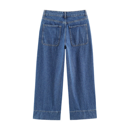 Casual Full Length Wide Leg Jeans For Women In Denim Cotton With Micro-Elastic Fabric