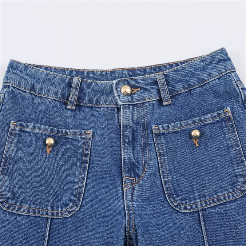 Casual Full Length Wide Leg Jeans For Women In Denim Cotton With Micro-Elastic Fabric