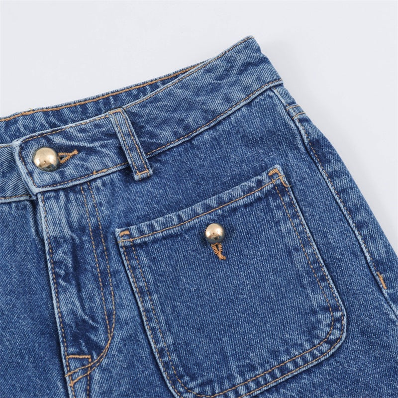 Casual Full Length Wide Leg Jeans For Women In Denim Cotton With Micro-Elastic Fabric
