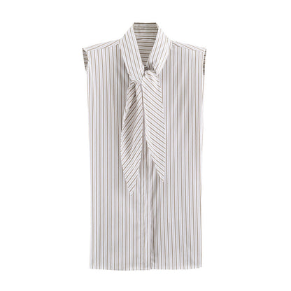 Stripe Sleeveless Blouse With Bow Tie Detail In Polyester Fabric Featuring Lapel Collar And Single Breasted Design