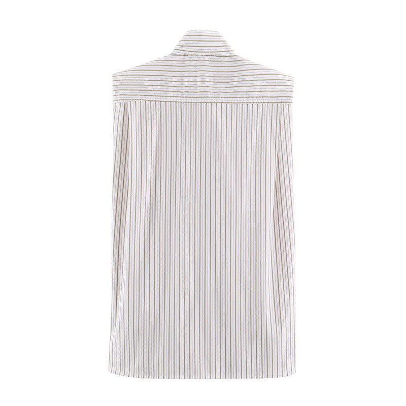 Stripe Sleeveless Blouse With Bow Tie Detail In Polyester Fabric Featuring Lapel Collar And Single Breasted Design
