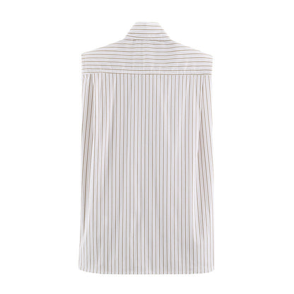 Stripe Sleeveless Blouse With Bow Tie Detail In Polyester Fabric Featuring Lapel Collar And Single Breasted Design