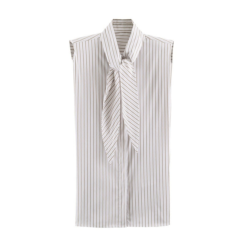 Stripe Sleeveless Blouse With Bow Tie Detail In Polyester Fabric Featuring Lapel Collar And Single Breasted Design