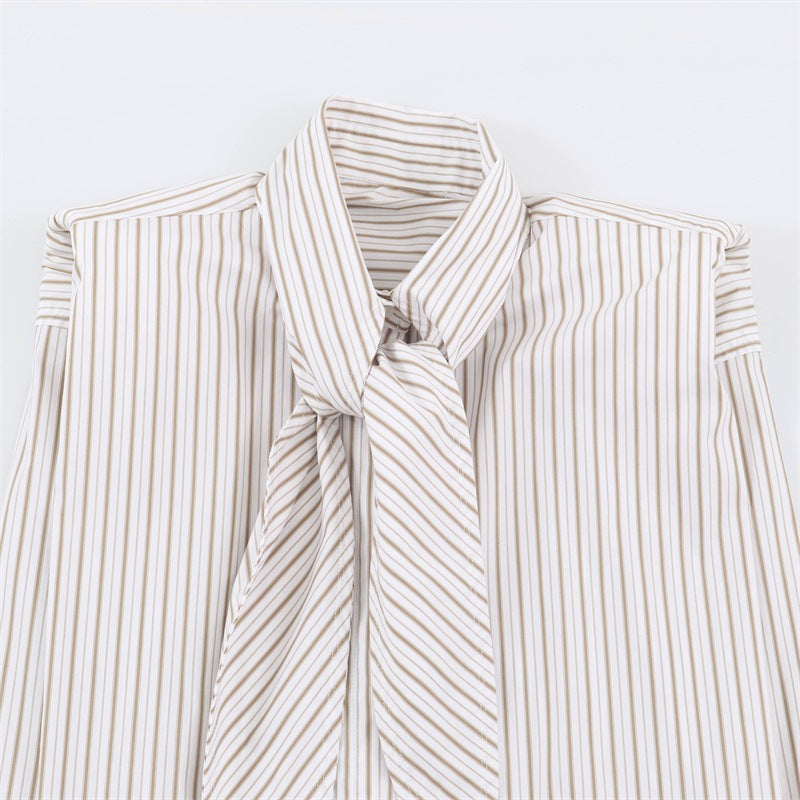 Stripe Sleeveless Blouse With Bow Tie Detail In Polyester Fabric Featuring Lapel Collar And Single Breasted Design