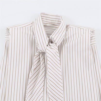Stripe Sleeveless Blouse With Bow Tie Detail In Polyester Fabric Featuring Lapel Collar And Single Breasted Design