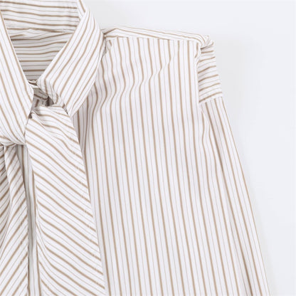 Stripe Sleeveless Blouse With Bow Tie Detail In Polyester Fabric Featuring Lapel Collar And Single Breasted Design