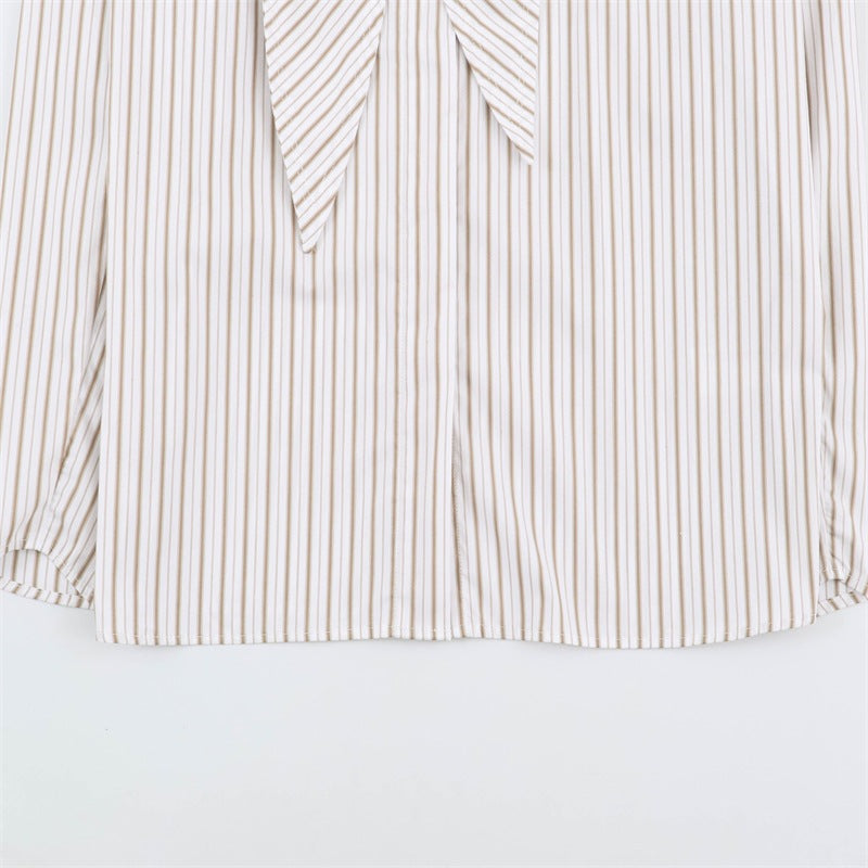 Stripe Sleeveless Blouse With Bow Tie Detail In Polyester Fabric Featuring Lapel Collar And Single Breasted Design