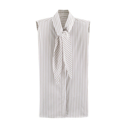 Stripe Sleeveless Blouse With Bow Tie Detail In Polyester Fabric Featuring Lapel Collar And Single Breasted Design