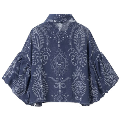 Vintage Style Chiffon Blouse With Printing, Featuring Lapel Collar And Puff Sleeves For Women